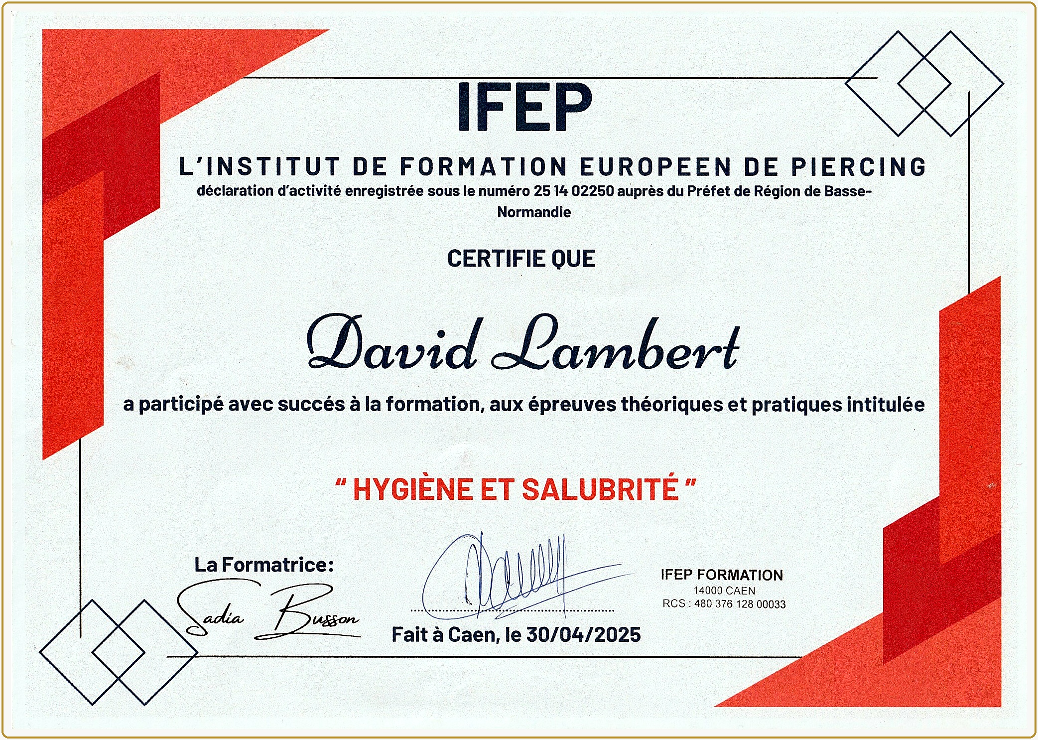 Certificat IFEP Hygiène et Salubrité délivré à David Lambert le 30 avril 2025