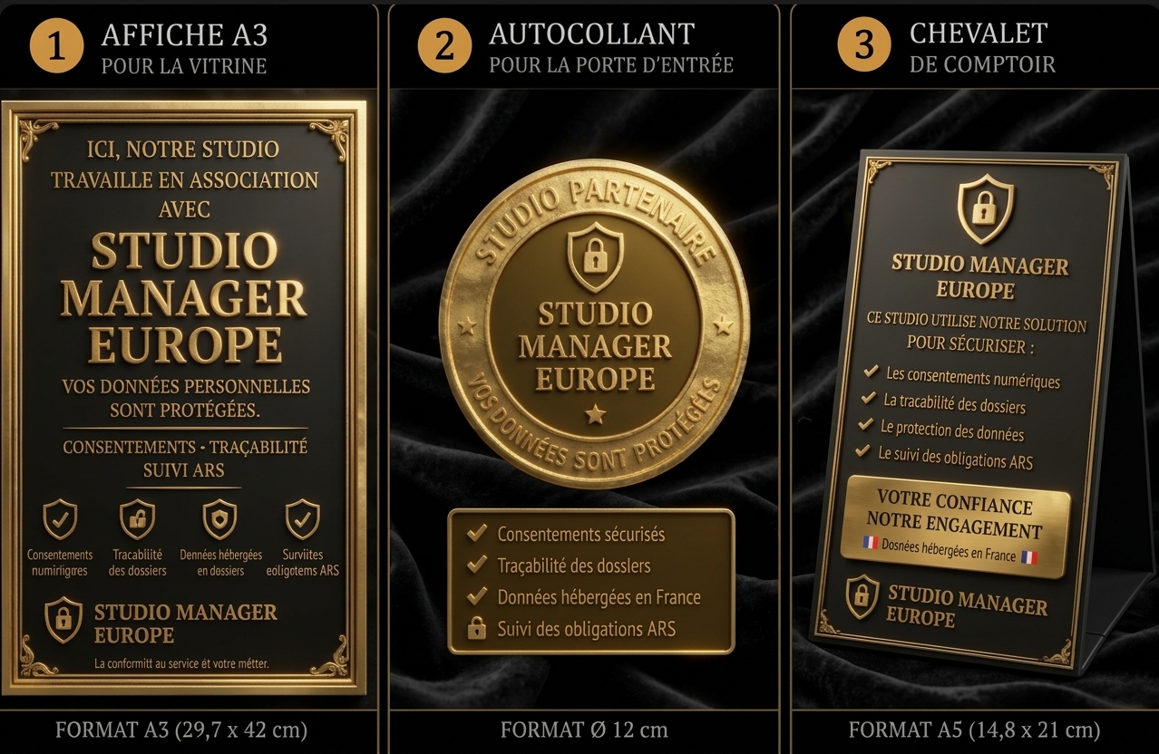 Kit de communication Studio Manager Europe : affiche A3, autocollant et chevalet de comptoir